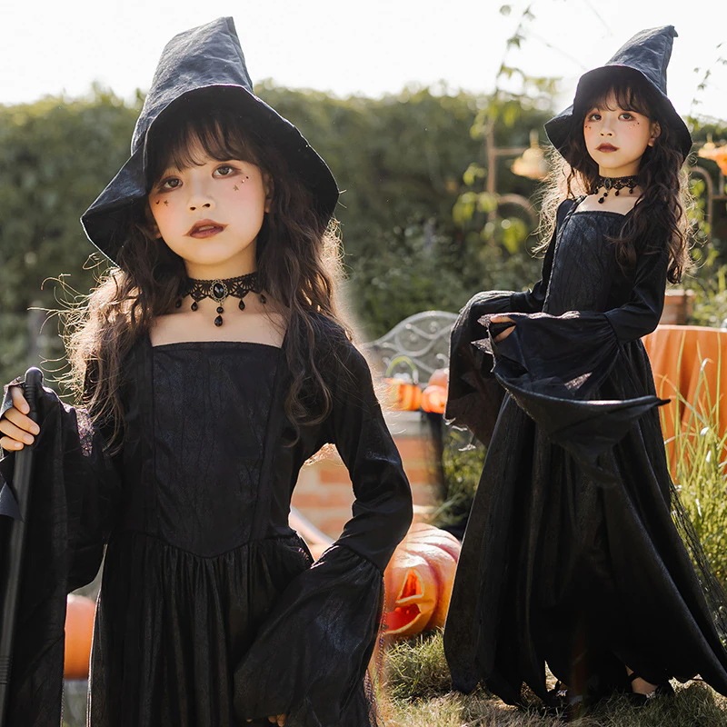 ハロウィン子供用コスチューム黒魔術師長袖ドレス女性魔女吸血鬼ロングスカートステージパフォーマンスコスチューム