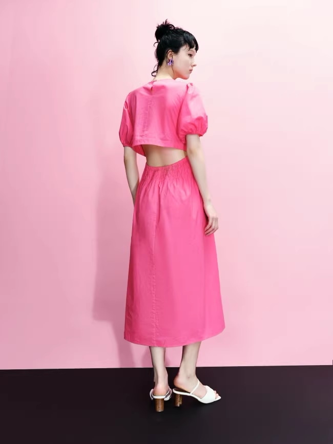 夏 婦人服 スイートプレイ パフスリーブ トレジャー ドレス ワンピース ロング丈 袖あり 半袖 ラウンドネック 襟なし 大人可愛い シンプル カジュアル 大人 上品 おしゃれ お洒落 こなれ感 ラフ