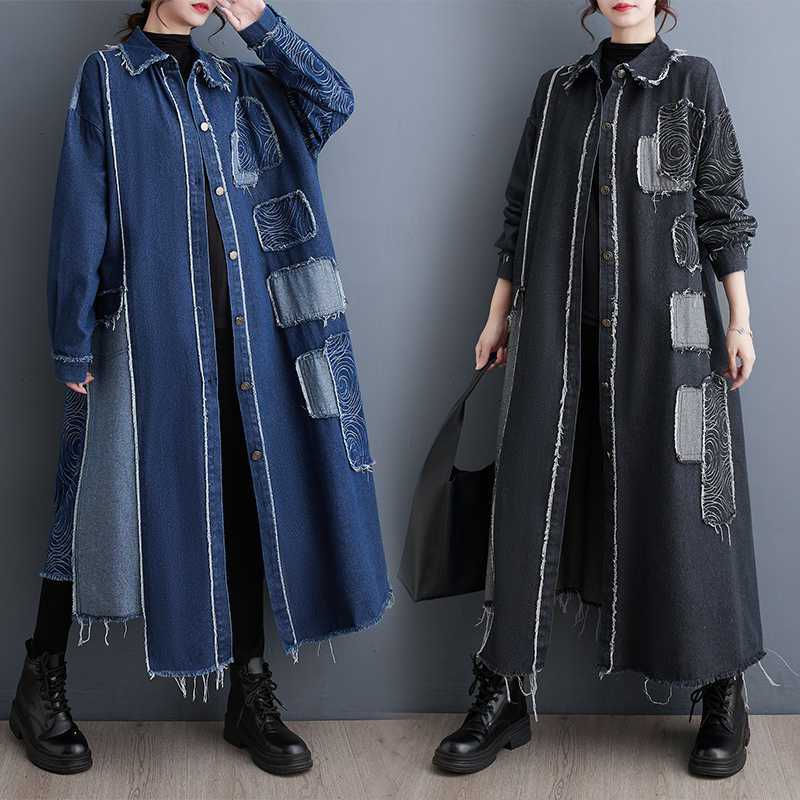 「ファットガール」 秋冬 大きいサイズ デニムワンピース ロングカーディガン レトロ トレンチコート30%までに制限