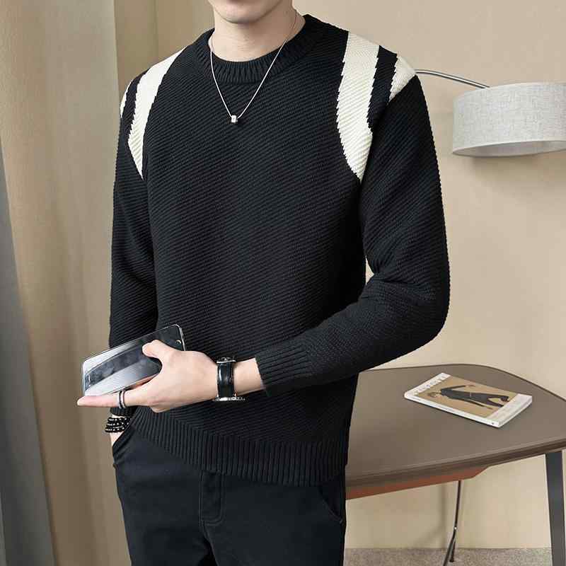 セーター 秋冬 トレンディ スリムフィット カラー ブロック セーター ラウンドネック 紳士服