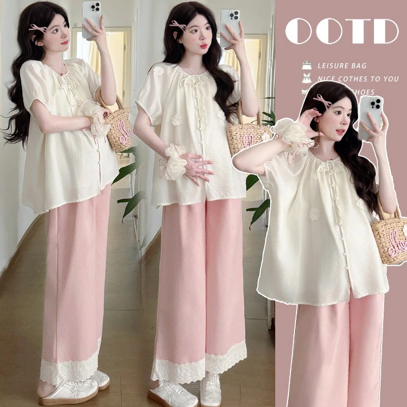 【急速出荷!】マタニティウェア マタニティ夏新作ルーズトップス＋レーススプライシングワイドパンツ2点セット