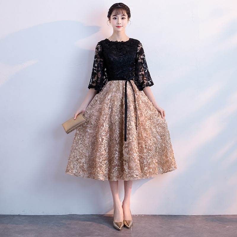 ドレス パーティードレス Aラインドレス イブニングドレス ワンピドレス ミモレ丈 五分袖