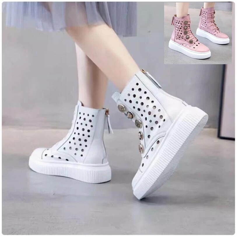 ショートブーツ サマーブーツ 厚底 5cm 本革 レディース フラット ブーツ サンダル レースアップ メッシュ 靴 軽量 透かし雕り 夏 旅行 通勤 仕事 エンジニアブーツ シューズ 歩きやすい カ