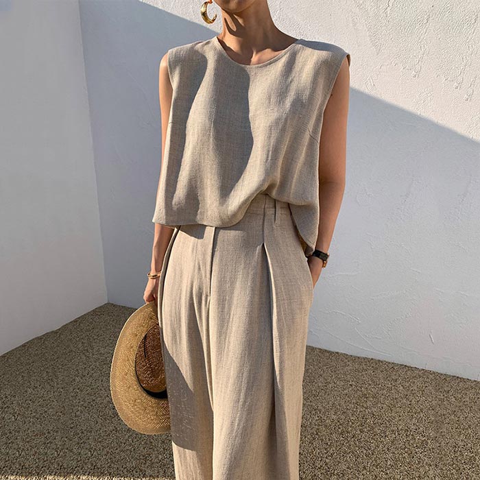 セットアップ レディース カジュアル パンツ 上下セット 春 夏 ノースリーブ ン タンクトップ ブラウス ベージュ ワイドパンツ 高見え　美脚ストレッチ ガウチョパンツ 夏 涼しい
