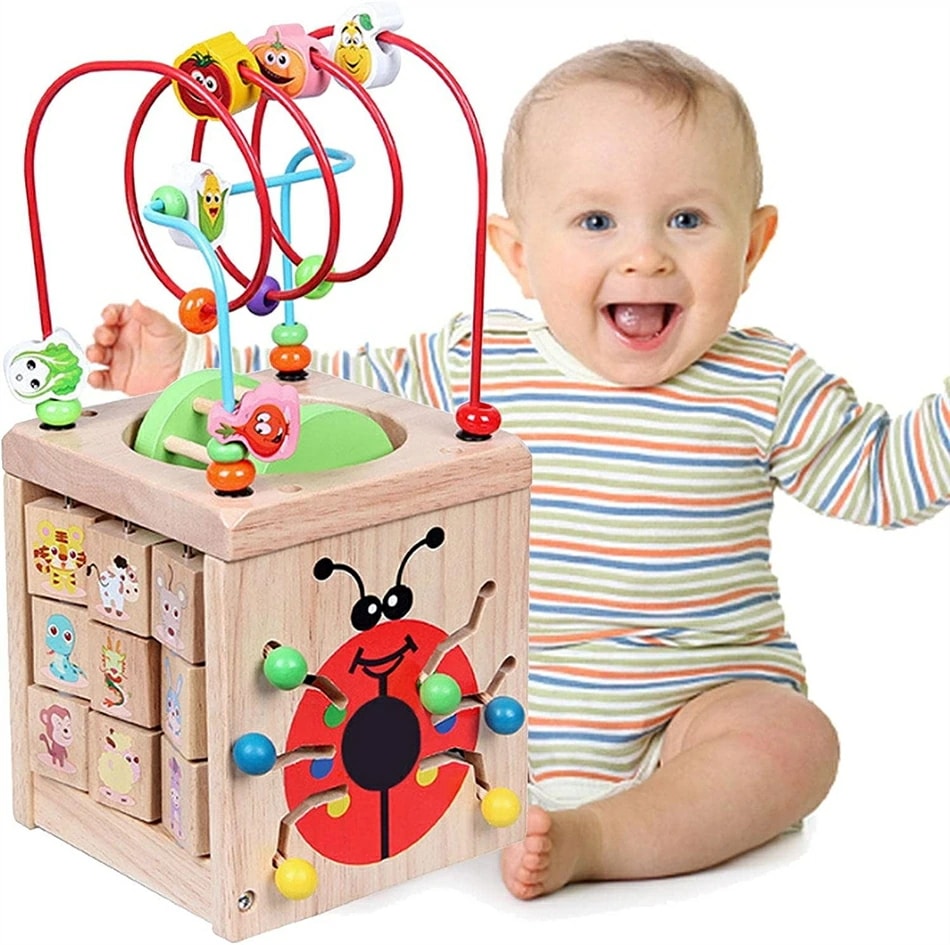 指先訓練 知育玩具 木製 ギアリンケージ キッズ 子供 赤ちゃん 5面アクティビティキューブおもちゃ ビーズコースターおもちゃ