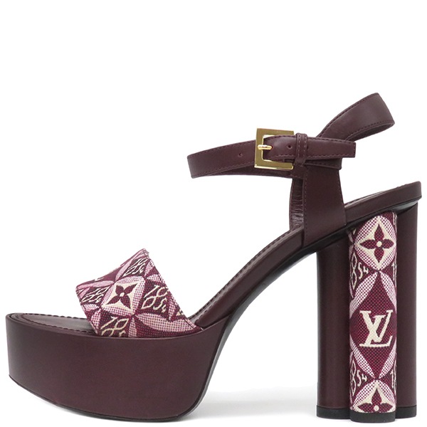ルイヴィトン LOUIS VUITTON サンダル SINCE 1854 プラットフォーム サンダル ジャカードテキスタイル カーフレザー レッド 35 1/2 ゴールド金具 赤 レッド 花柄 NL0