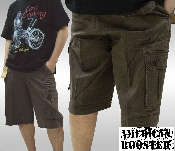 セール American Rooster メンズ ミリタリー カーゴ ハーフパンツ ベルト付き 半ズボン パンツ ハーパン ブラウン 4 アメカジ ブランド サーフ インポート ファッション スト