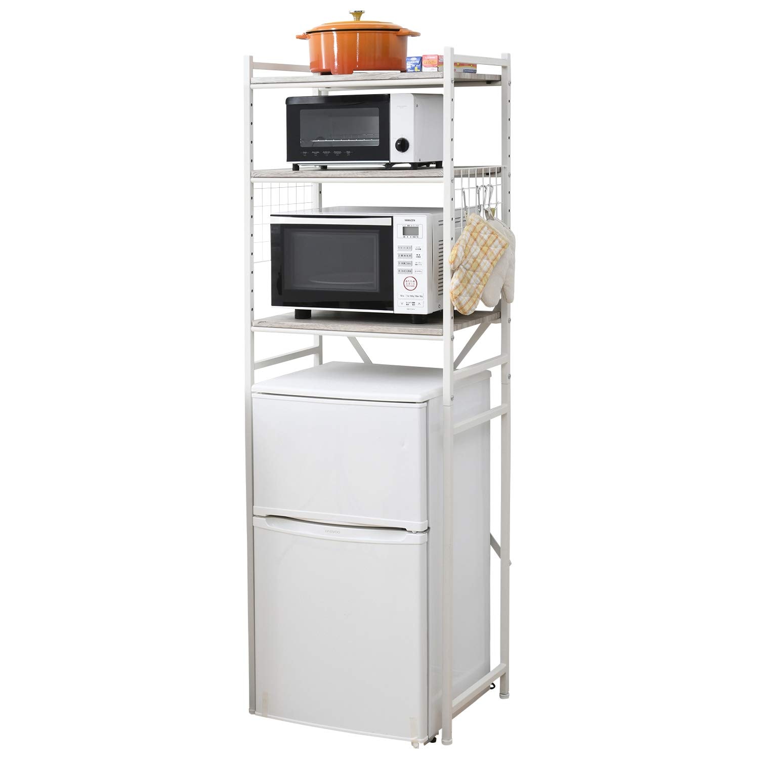 レンジラック (冷蔵庫ラック) 小型冷蔵庫対応(幅59.5×奥行41.5×高さ180cm) 棚板高さ調節可 フック4コ付き レンジ台 ラック 組立品 ホワイト RUR-18(AIV/SWH)