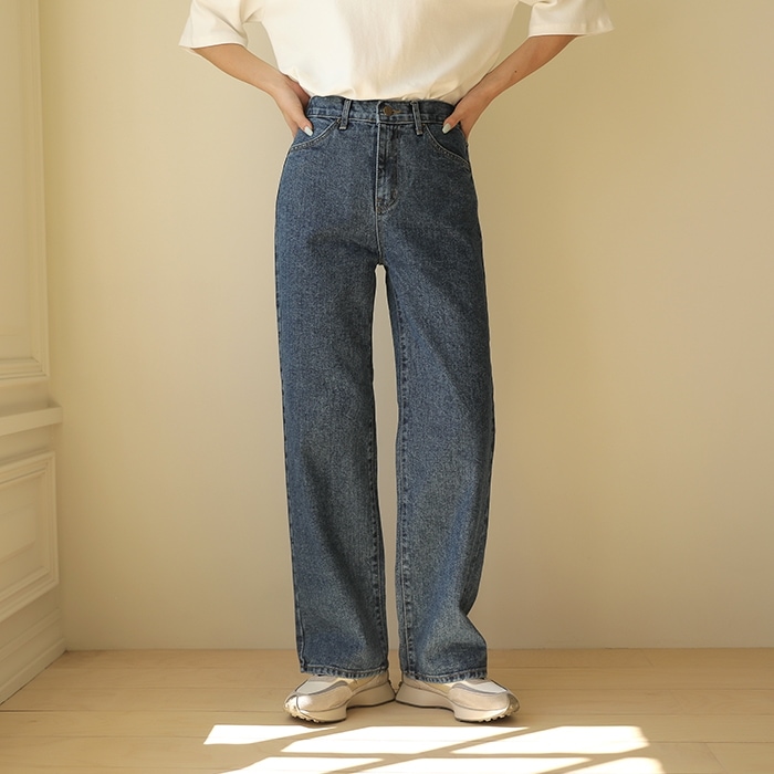 [韓国ファッション] あったか起毛 後ろウエストゴム デニムワイドパンツ