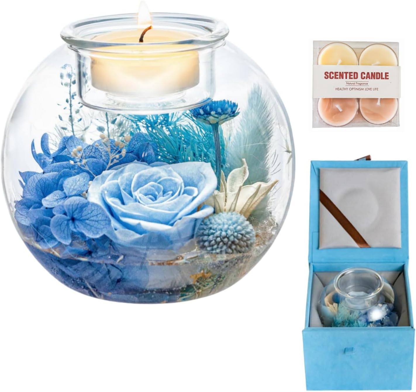 プリザーブドフラワーキャンドルホルダー バラ キャンドルセット付き ブルー