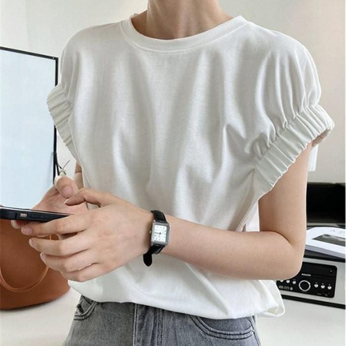 Tシャツ レディース 半袖 フレンチスリーブ ギャザー ボリューム袖 黄色 イエロー フレンチ ゴム 袖ゴム 白 お洒落 韓国 シンプル プルオーバー ゆったり