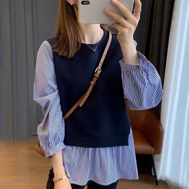 フェイクツーピース レディース トップス シャツ ブラウス 長袖 ラウンドネック 襟なし ボタン かわいい 大人可愛い きれいめ シンプル カジュアル 上品 おしゃれ こなれ感 ラフ ルーズ 個性的