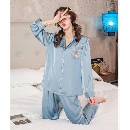 ルームウェア レディース パジャマ 寝巻き 部屋着 上下セット 2点セット シンプル リラックス パイピング 前あき 刺繍 ハート 長袖 長ズボン お泊まり 旅行 体型カバー 大きいサイズ かわいい