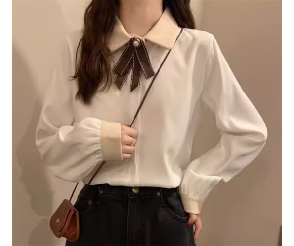 レディース トップス シャツ ミドル丈 長袖 襟付き ポロカラー リボン ボタン かわいい 大人可愛い きれいめ シンプル カジュアル 上品 おしゃれ レトロ ボーイッシュ エレガント クラシカル