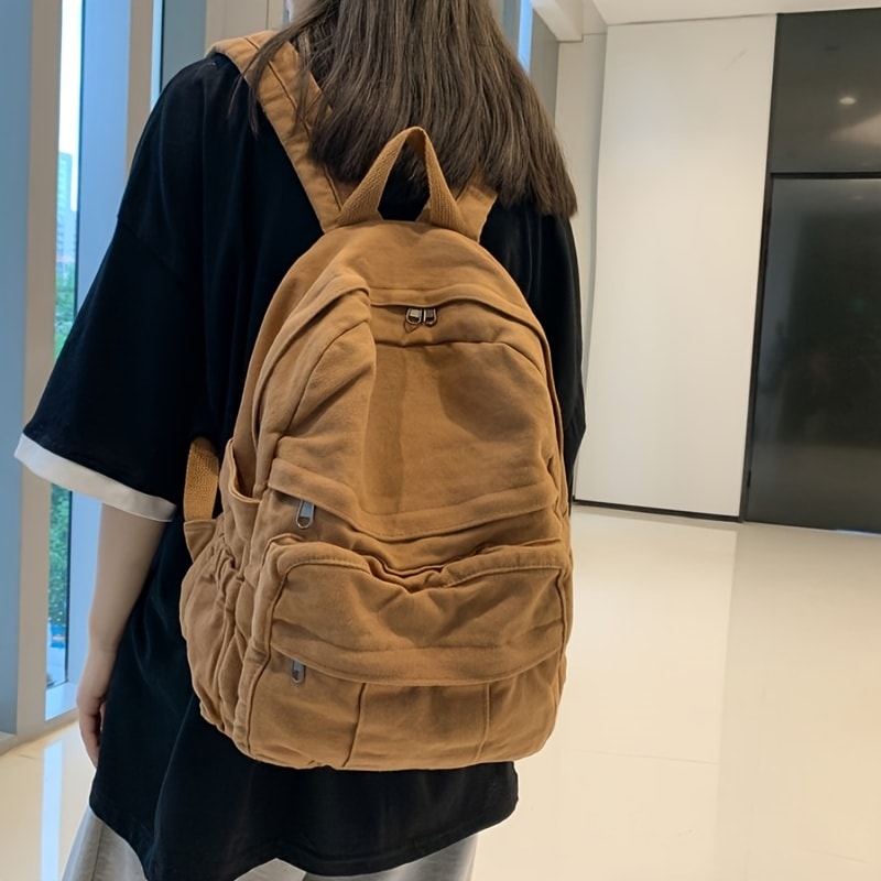 ビンテージ風 大容量 キャンバス バックパック 学生用 カジュアルスタイル 軽量デザイン 手洗い専用 ジッパー閉め 調節可能ストラップ 縫い糸ディテール 15歳以上向け