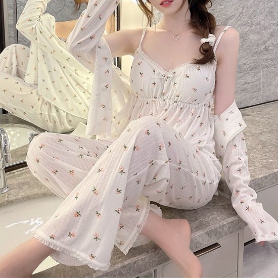 【取寄：納期2週間】ルームウェア 夏 3点セット 花柄 キャミソールインナー 長袖パジャマ ロングパンツ 上下インナーセット ルームウェア パジャマ 部屋着 夏 花柄 かわいい ルームウェア 夏