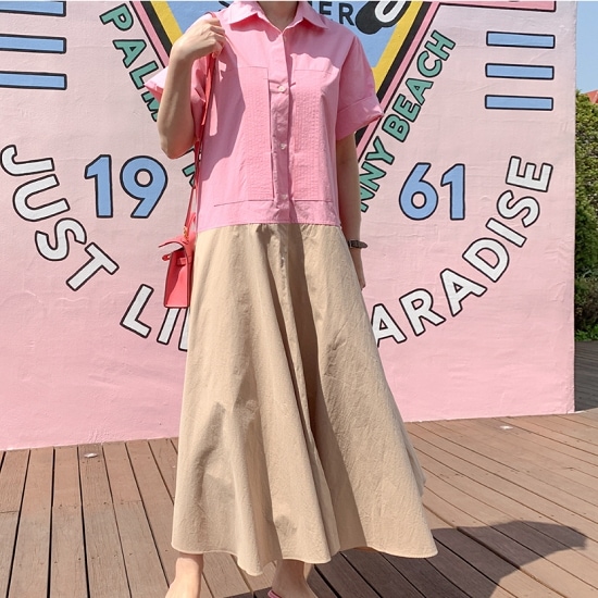 【取寄：納期2週間】ワンピース レディース ツートーンカラー シャツワンピース おしゃれ 2色 ワンピース 5,593円