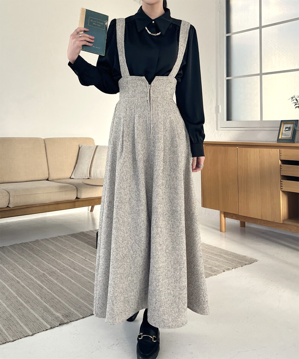 ツイードタッチハイウエストフロントジップ ジャンスカ ワンピース フレアシルエット スカート 大人 カジュアル おしゃれ 30代 40代 50代