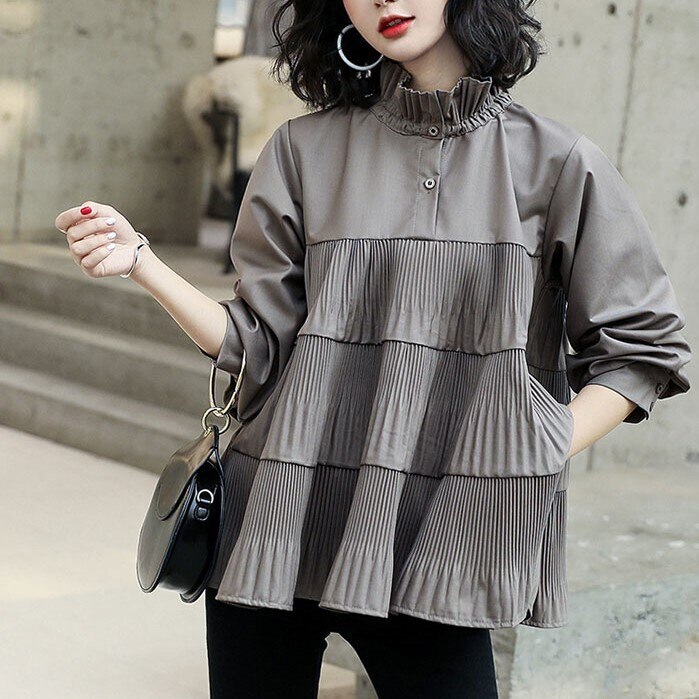 ３色 トップス ブラウス カットソー プルオーバー チュニック レディース 冬 春 秋 きれいめ ゆったり 七分袖 長袖 ボリューム袖 ぽわん袖 ハイネック タートルネック フリルカラー スタンドカラ