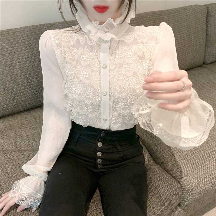 レトロ風 ワンカラー トップス シャツ ブラウス 秋冬 夏 かわいい カジュアル ショート ショート丈 長袖 ボリューム袖 萌袖 キャンディスリーブ ぽわん袖 フリルカラー スリム タイト 細身 スト