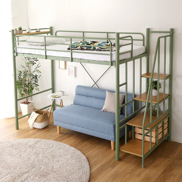 スチール 北欧 インテリア 階段付き パイプロフトベッド 寝具 べット 高さ調整可能 6カラー