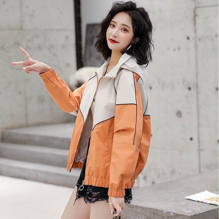 2色 ジャケット ジャンバー バイカラー 長袖 大人可愛い きれいめ フード付き カジュアル お洒落 かっこいい 個性的 春 秋 アウター コート 薄手 ショート丈 こなれ感 ラフ ボーイッシュ キュ