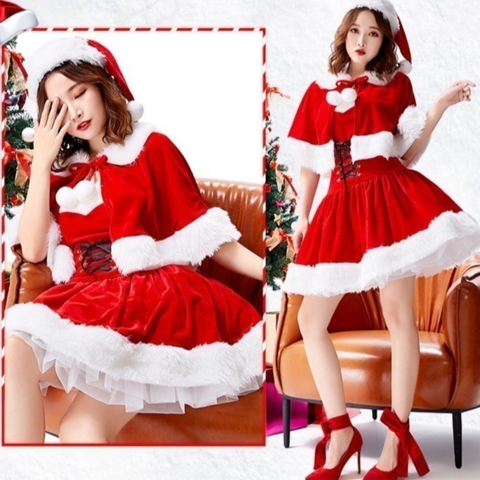 ハロウィンクリスマスパーティー趣のある制服欧米映画テレビセクシー気質女性サンタクロースコスプレショー服ファッションファスナー個性かわいい仮装舞踏会お衣装を演じる短ワンピース4点セット 涼しく楽ちんセ