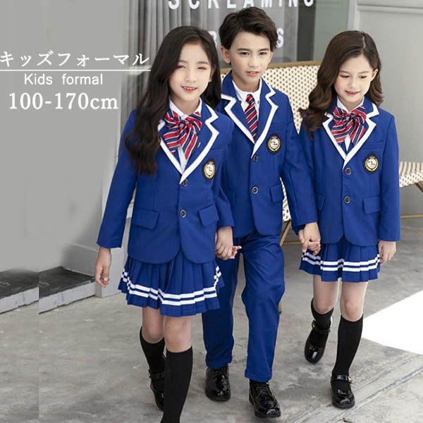 キッズスーツ 子供服 キッズフォーマル キッズ制服 ガールズ ボーイ フォーマル 4点セット ラインスカート プリーツ ジャケット ブレザー ジュニアスーツ 発表会 お受験 卒業式 入学式 お出かけ