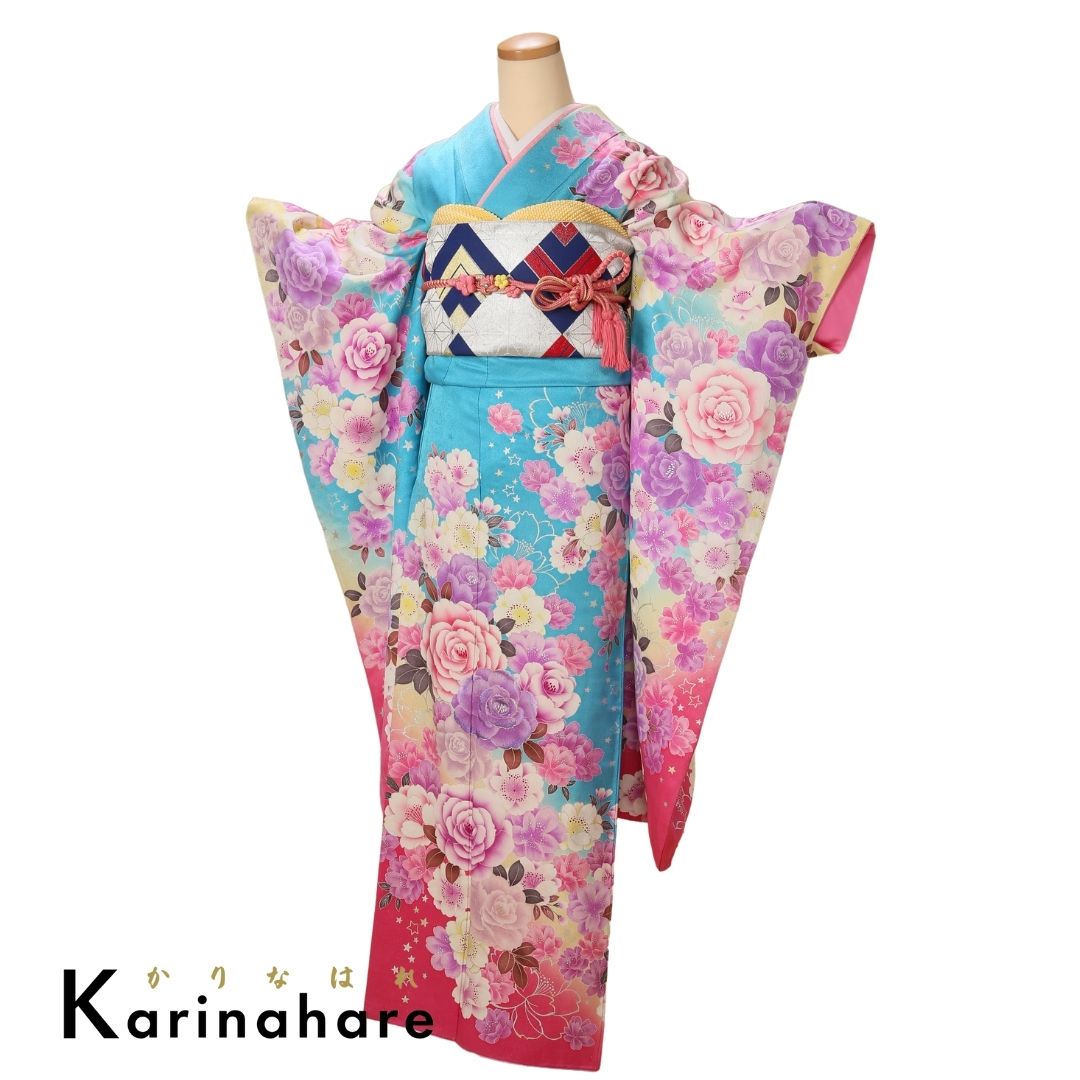 きほ振袖セットF316-106 スザンヌデザイン　星柄の入った水色地に星や薔薇桜が描かれた振袖