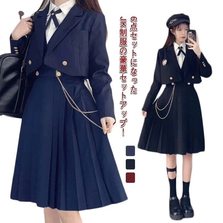 韓国 制服セット 女子制服 6点セット 高校生 学生服 ショートブレザー ショートジャケット 長袖 ブレザー 長袖シャツ プリーツスカート リボンタイ スカートチェーン バッジ ハロウィン コス
