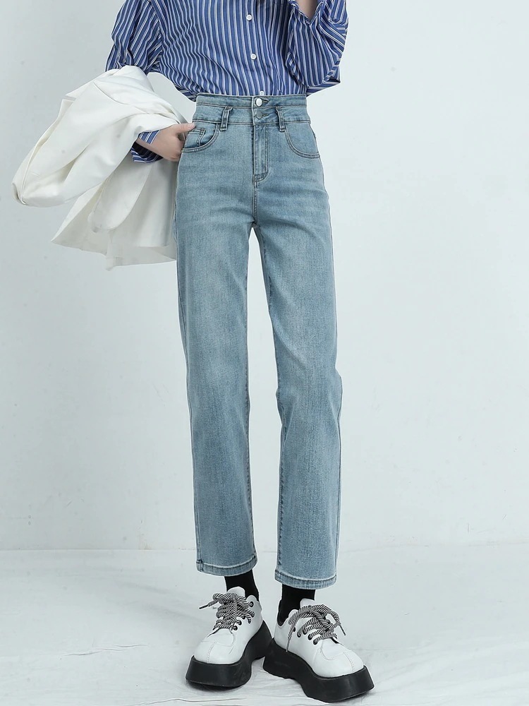 春春冬春新作ストレートジーンズ女性小ハイウエスト薄型高スリム弾l性9点