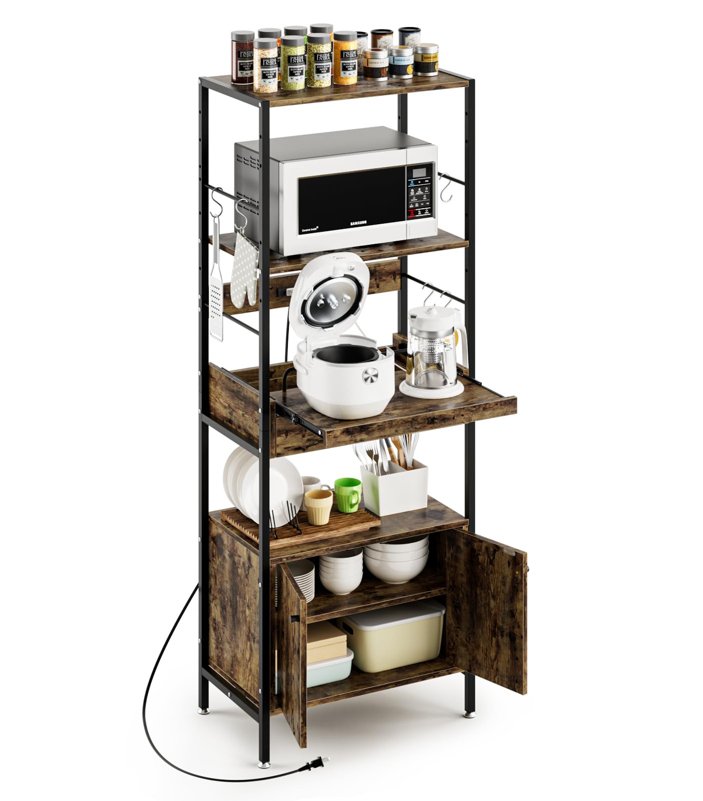 DEWEL 食器棚 レンジ台 キッチン収納 幅60cm キッチンラック スライド棚 組立品 コンセント付き 引き出し レンジボード 棚板可動 おしゃれ