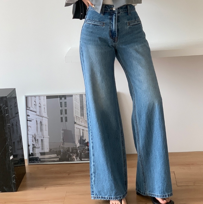 韓国の春と秋のファッション新しいデザインセンスバックレッグステッチわずかにフレアのワイドレッグスリムパッチポケットレトロジーンズレディース407