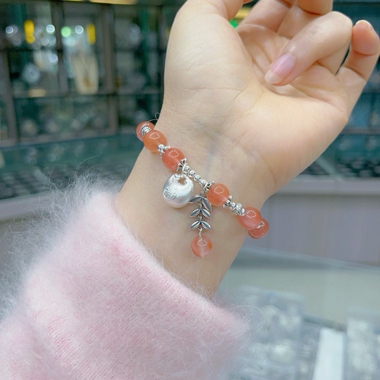 原创设计999纯银3D+925纯银配件+天然川料南红小胖福岁岁平安手镯复古手链手串送女朋友