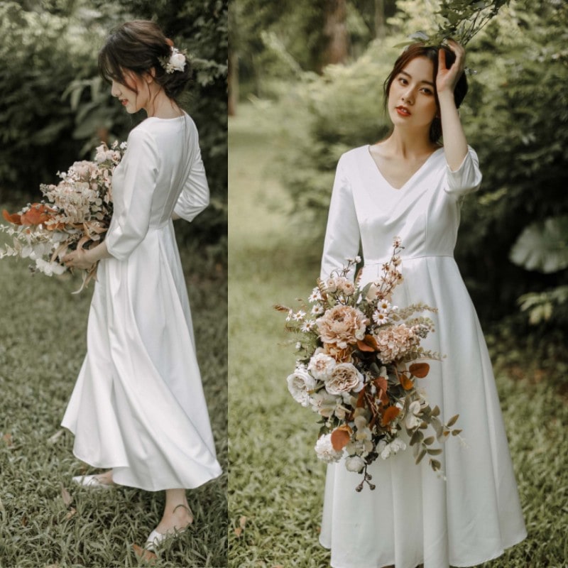 【 前撮り ドレス ワンピース 】 ウェディングドレス 結婚式 二次会 長袖 パーティー ロングスリープ 花嫁 Aライン Vネック カジュアル 海外挙式 旅行 二次会ドレス フォトウエディング ビーチ