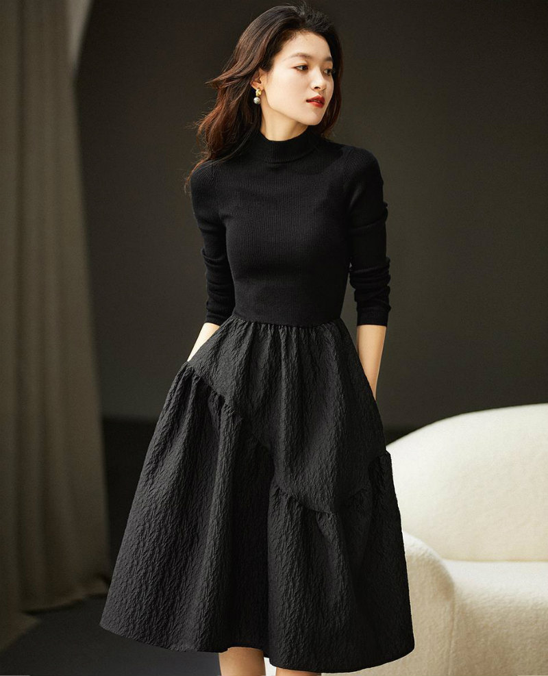 長袖 ブラック 大人かわいい ニットワンピース 大きいサイズ 秋 膝丈 冬 デザインスカート 40代 シンプル ワンピース お呼ばれ モックネック きれいめ 50代 厚手 30代 美人 無地 レディー 8,554円