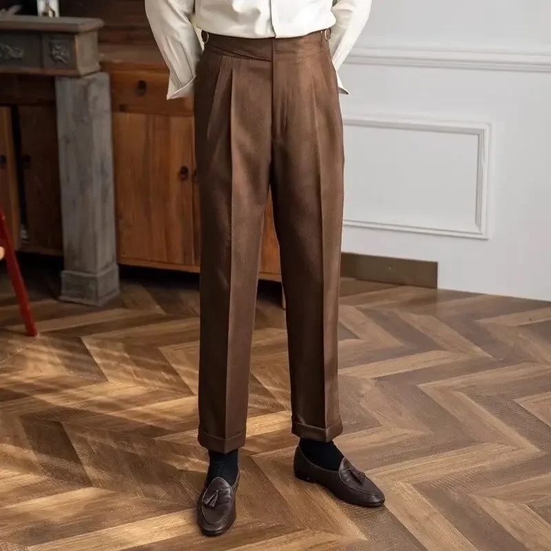 メンズハイウエストストレートレッグカジュアルパンツナローレギンス英国スタイルフォーマルパンツドレープ春秋