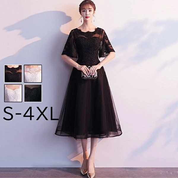 ドレス 大人 ピアノ 発表会 ミモレ丈ドレス 演奏会 演奏会用ドレス 袖付き ピアノ発表会 黒 結婚式 高校生 パーティードレス 演奏会ドレス 大きいサイズ 母親 コンクール イブニングドレス ミモレ