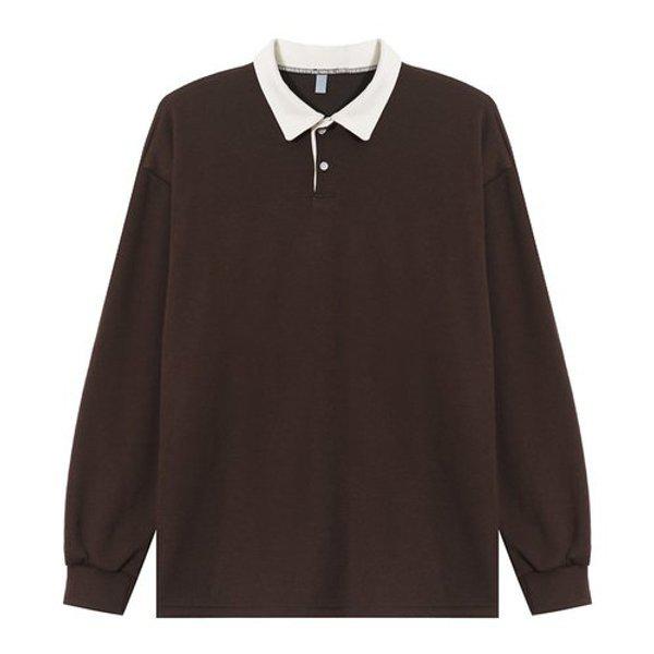 メンズ オーバーサイズ 配色カラーネック 長袖Tシャツ AC-KAA-Q001-ブラウン