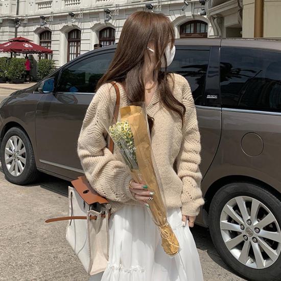 セーター ニット サイズ 体形カバー レディース 春秋服 新作 トップス Ｖネック 長袖 ルーズ カジュアル お出掛け シンプル 無地 デイリー アプリコット アクリル ケーブル編み 大人可愛い きれ