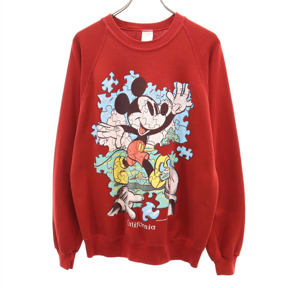 90s USA製 オールド パズル ミッキーマウス 長袖 スウェット トレーナー L レッド Disney ディズニー クラック加工 メンズ