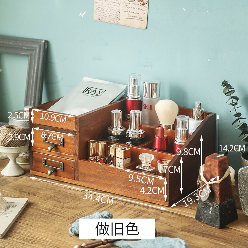 収納箱引き出し式化粧品レトロ卓上鏡台木質パック口紅デスク棚