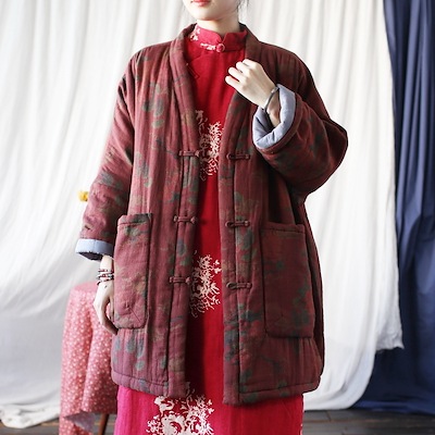 オリジナルレトロでゆったりとした民族風冬プリント中長期綿入れ厚Vネック綿入れ