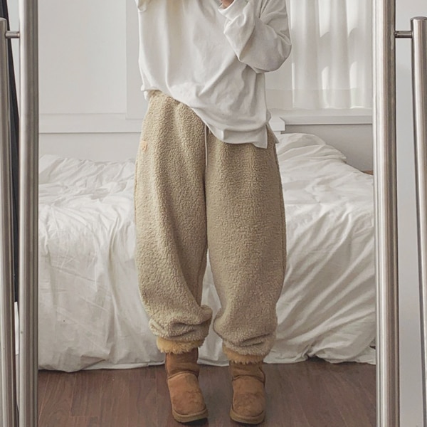 韓国ファッション クマパッチ ウエストバンディング 起毛 ウール ボア ジョガーパンツ