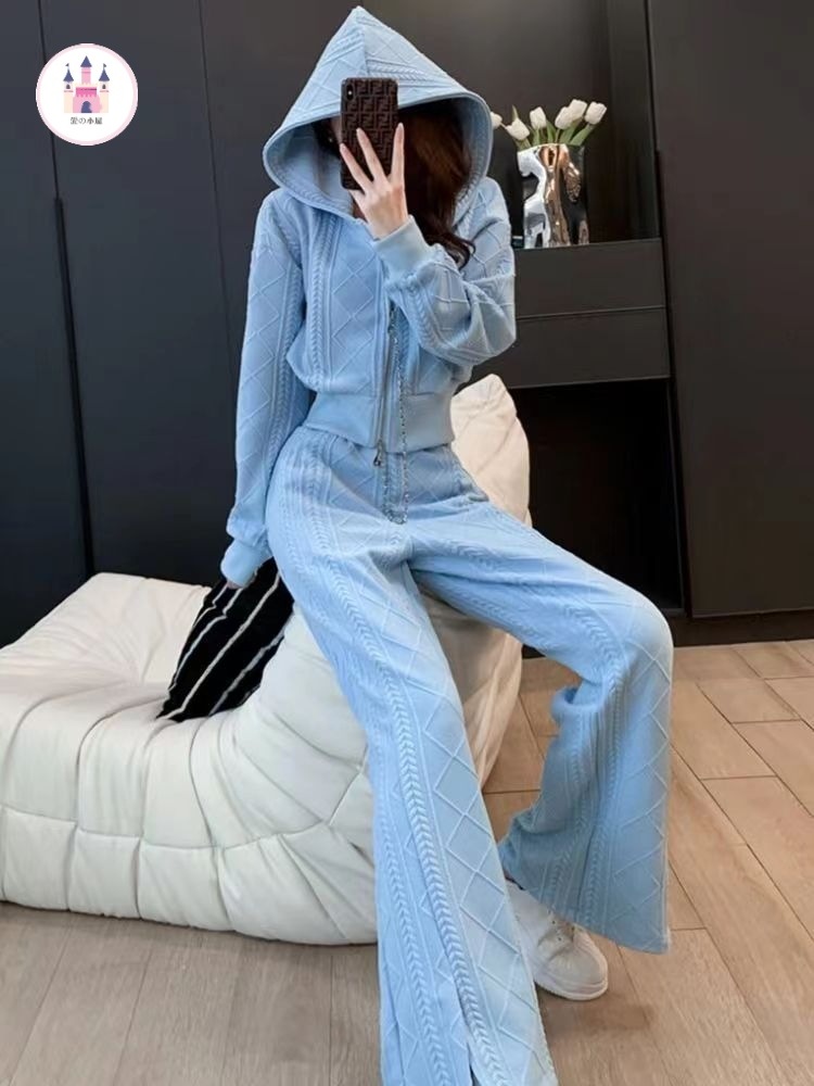 スポーツスーツ女性の秋冬ファッション洋風カジュアル減齢小香風ヨーロッパ貨物爆撃街衛衣ワイドパンツ2点セット 4,750円