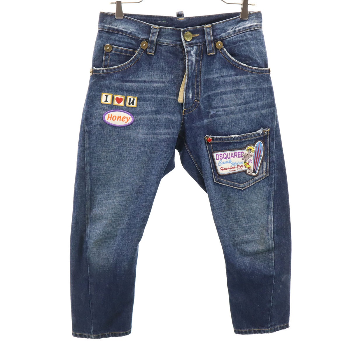 イタリア製 ワッペン ヴィンテージ加工 デニムパンツ 38 インディゴブルー ジーンズ レディース 古着