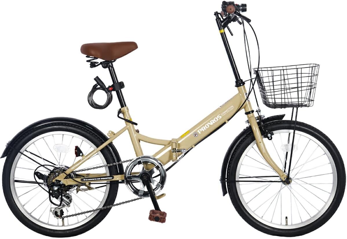 P-206 折りたたみ自転車 20インチ シマノ6段ギア カゴ /ワイヤー錠/ライト付き 通勤 通学 街乗り 折り畳み 自転車 【メーカー保証1年間】