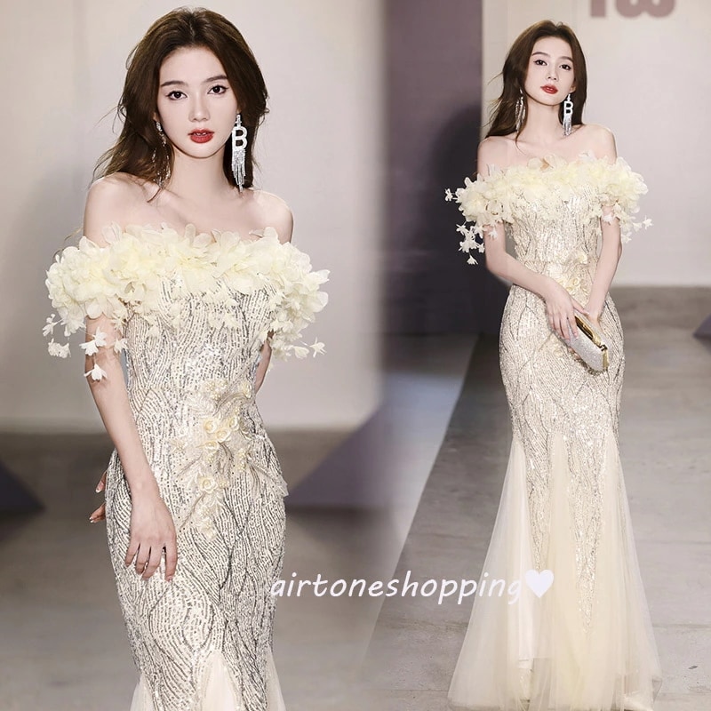 全3色 マーメイドドレス イブニングドレス オフショルダー シャンパンシルバー キラキラドレス 発表会ドレス スパンコール ブルー ピンク 花柄 可愛い オシャレ ロングドレス マーメイドライン パー