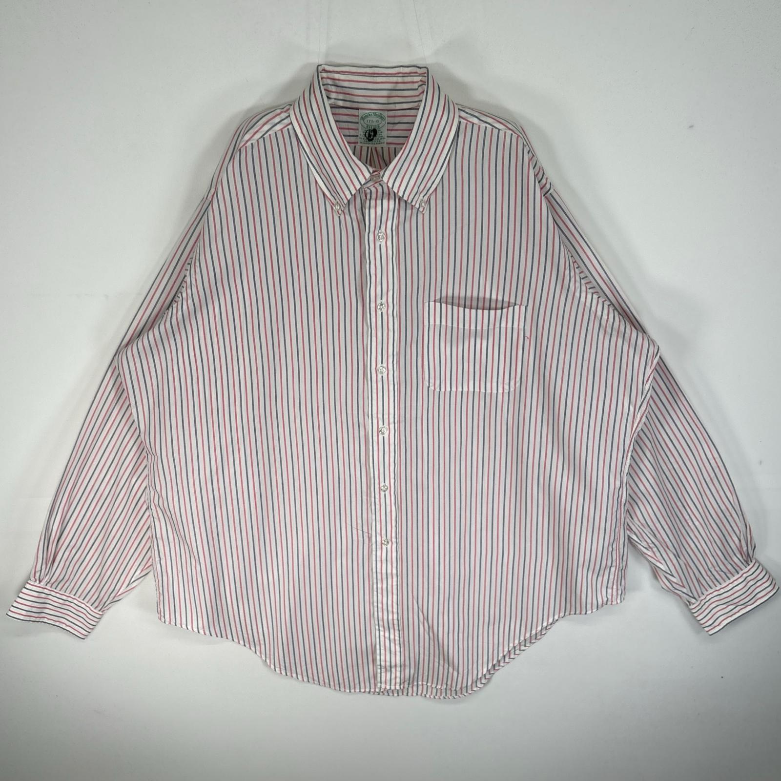 古着 90s/90年代 長袖シャツ ストライプ 胸ポケ USA製 XL レッド系 マルチカラー メンズ