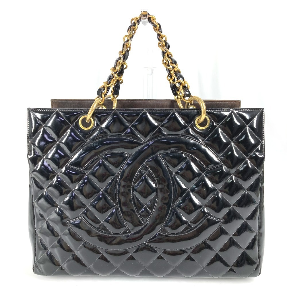 トートバッグ CC ココマーク ロゴ マトラッセ キルティング ハンドバッグ カバン ショルダーバッグ Wチェーン エナメル ブラック 59,400円